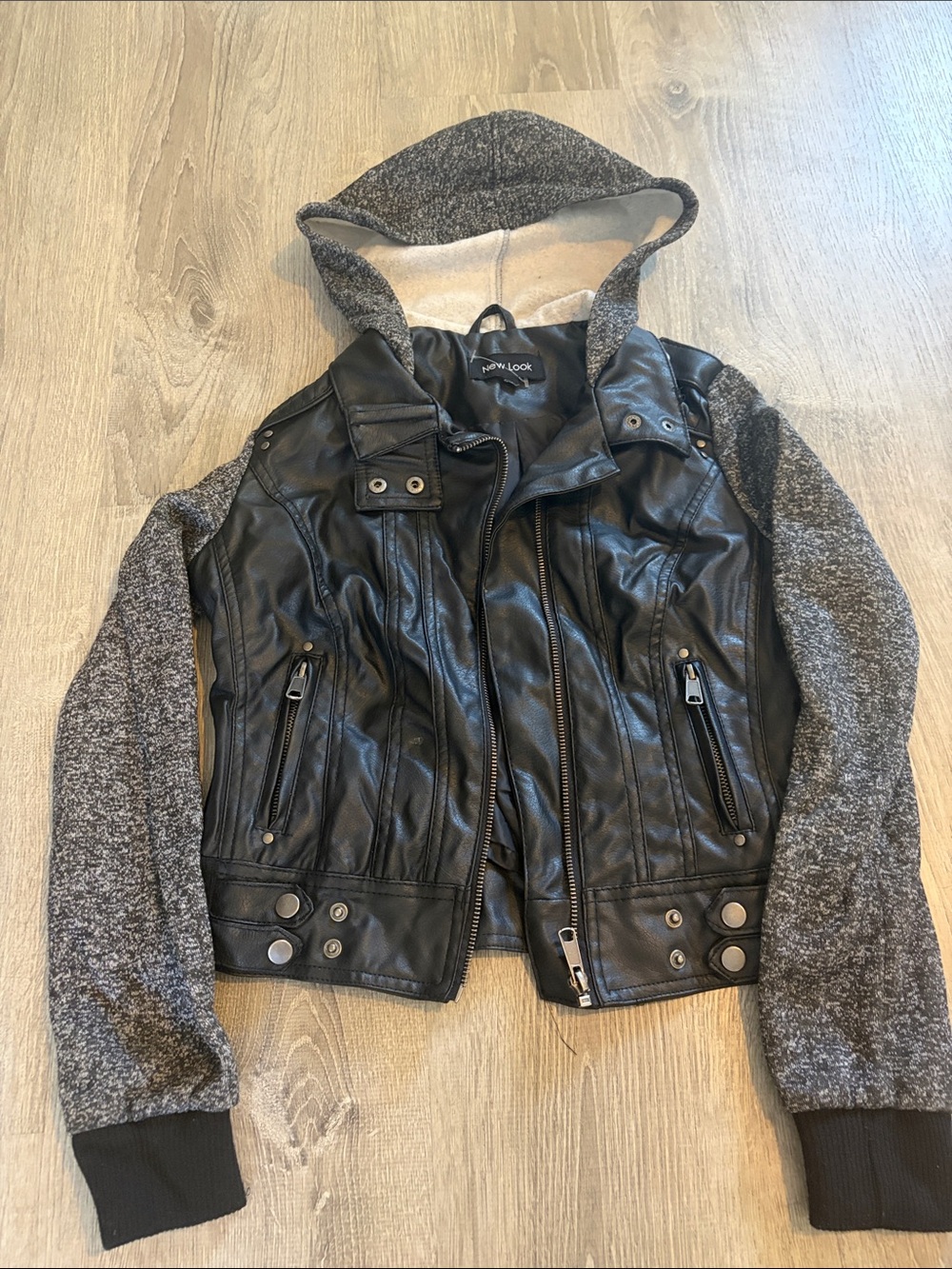 New Look Black Faux Leather Moto Jacket with Gray Knit Hood & Sleeves